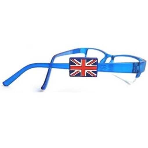 Brillecharms, der ligner Union Jack, som sidder på en brillestang..