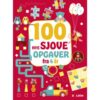 Forsiden af aktivitetsbogen "100 nye sjove opgaver – fra 4 år" med farverige illustrationer og legende grafik, der indikerer variation af opgaver som tegning og tælling.