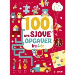 Forsiden af aktivitetsbogen "100 nye sjove opgaver – fra 4 år" med farverige illustrationer og legende grafik, der indikerer variation af opgaver som tegning og tælling.