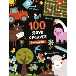 Forside af "100 sjove opgaver: Bondegården – fra 4 år" med glade dyr og bondegårdsmotiver i farverig børnestil. Kvadratisk.