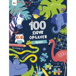 Forside af "100 sjove opgaver: Dyrene – fra 4 år" med farverige illustrationer af dyr og opgaver i børnevenlig stil. Kvadratisk.
