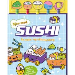Forside af "Aktivitetsbog med blyanter: Sjov med sushi" med farverige sushi-figurer og medfølgende blyanter og viskelædere.