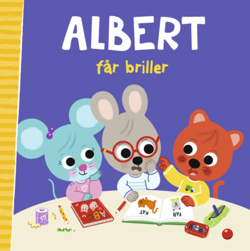 Forside af billedbogen "Albert får briller" – viser Albert med sine nye røde briller.