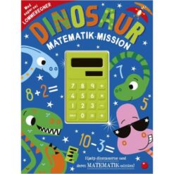 Forside af "Dinosaur matematik-mission – med lommeregner", med farverige dinosaurer, regnestykker og medfølgende solcelledrevet lommeregner.