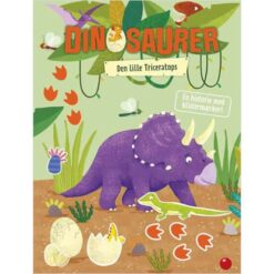 Forside af "Dinosaurer aktivitetsbog – Den lille Triceratops", med farvestrålende illustrationer af dinosaurer og medfølgende klistermærker.