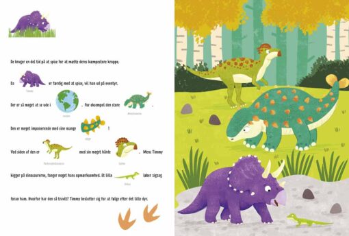 Forside af "Dinosaurer aktivitetsbog – Den lille Triceratops", med farvestrålende illustrationer af dinosaurer og medfølgende klistermærker.
