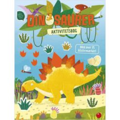 Forside af "Dinosaurer aktivitetsbog" med sjove dinosaurmotiver og opgaver til børn inkl. klistermærker.