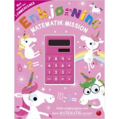 Forside af "Enhjørning matematik-mission – med lommeregner", med farverige enhjørninger, regneopgaver og en medfølgende solcelledrevet lommeregner.