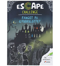 Forsiden af Escape Challenge: Fanget på Gyserslottet – Milla og Lex står foran et uhyggeligt slot fyldt med spøgelser, klar til at løse gåder og undslippe.