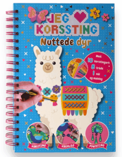 Forside af “Jeg elsker korssting: Nuttede dyr” – børnebog med korsstingsprojekter og spiralryg.