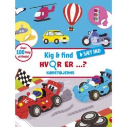 Forside af børnebogen "Kig og find og sæt ind: Hvor er køretøjerne?" med biler, busser og byggepladser i farverig myldrestil.