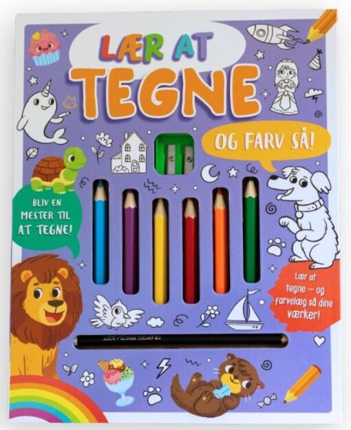 Forside af "Lær at tegne – og farv så!" – krea-æske med tegnebog, blyanter og farvelægningsaktiviteter for børn.
