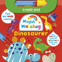 Forside af “Magisk malebog: Dinosaurer” med farverige dinoer og vand-pen
