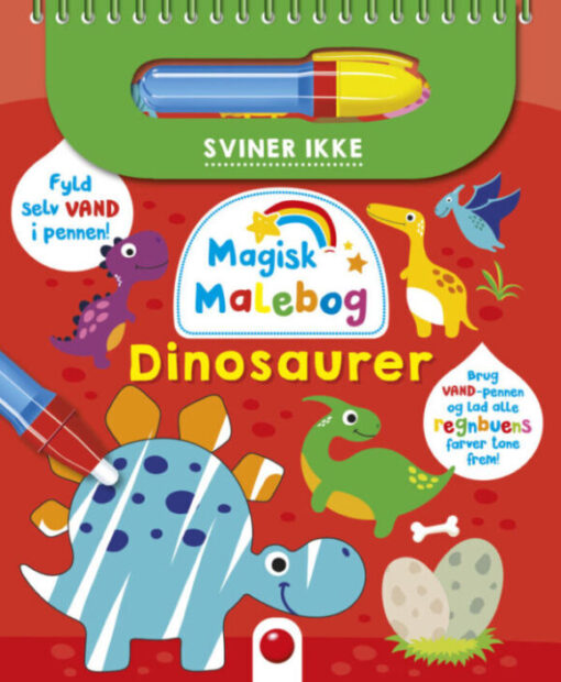 Forside af “Magisk malebog: Dinosaurer” med farverige dinoer og vand-pen