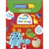 Forside af “Magisk malebog: Dinosaurer” med farverige dinoer og vand-pen