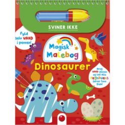 Forside af “Magisk malebog: Dinosaurer” med farverige dinoer og vand-pen