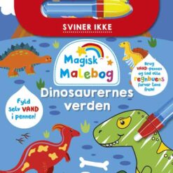 Forside af “Magisk malebog: Dinosaurernes Verden” med sjove og farverige dinosaurer