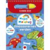 Forside af “Magisk malebog: Dinosaurernes Verden” med sjove og farverige dinosaurer