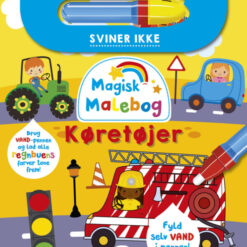 Forside af “Magisk malebog: Køretøjer” med farverige biler og tog