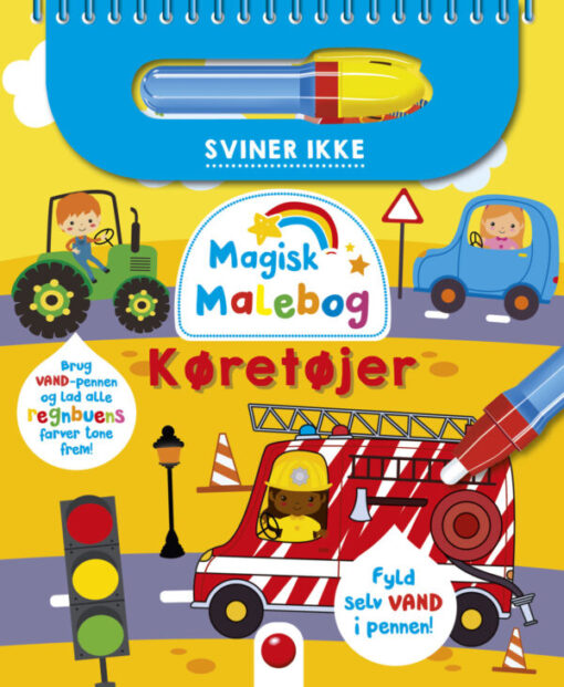 Forside af “Magisk malebog: Køretøjer” med farverige biler og tog