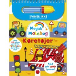 Forside af “Magisk malebog: Køretøjer” med farverige biler og tog