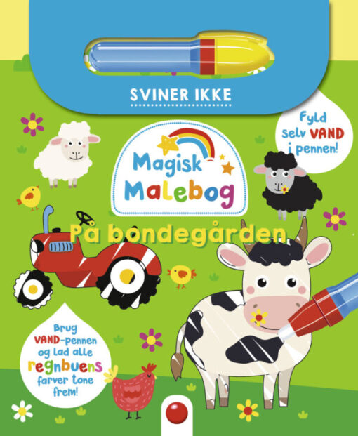 Forside af “Magisk malebog: På bondegården” med bondegårdsdyr og vand-pen