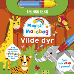 Forside af “Magisk malebog: Vilde dyr” med farverige vilde dyr som løver og elefanter.