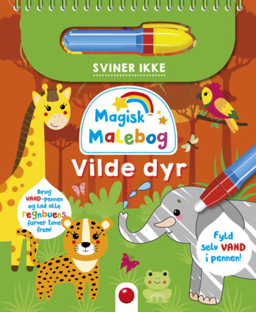 Forside af “Magisk malebog: Vilde dyr” med farverige vilde dyr som løver og elefanter.