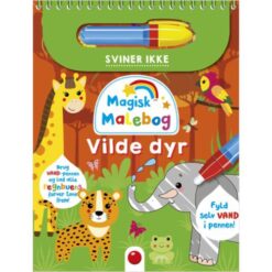 Forside af “Magisk malebog: Vilde dyr” med farverige vilde dyr som løver og elefanter.