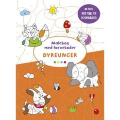 Forside af “Malebog med farvekoder: Dyreunger” med illustrationer af søde dyr og farvekoder.