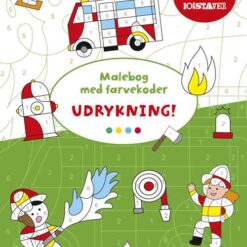 Forside af “Malebog med farvekoder: Udrykning!” med illustrationer af brandbil, politibil og ambulance samt farvekoder.