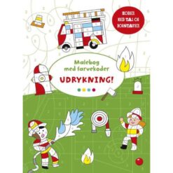 Forside af “Malebog med farvekoder: Udrykning!” med illustrationer af brandbil, politibil og ambulance samt farvekoder.