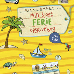 Forside af “Min sjove ferie-opgavebog – Fra 7 år” med farverige illustrationer og opgaveikoner til børn.