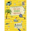 Forside af “Min sjove ferie-opgavebog – Fra 7 år” med farverige illustrationer og opgaveikoner til børn.