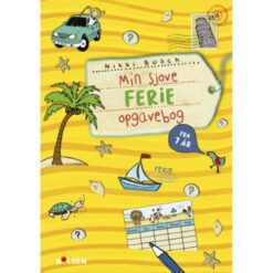 Forside af “Min sjove ferie-opgavebog – Fra 7 år” med farverige illustrationer og opgaveikoner til børn.