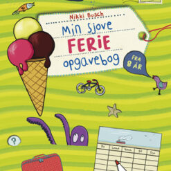Forside af “Min sjove ferie-opgavebog – Fra 8 år” med farverige illustrationer og opgaveikoner.