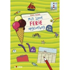 Forside af “Min sjove ferie-opgavebog – Fra 8 år” med farverige illustrationer og opgaveikoner.