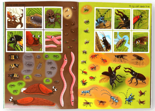 Opslag fra "Naturens verden – med klistermærker: Insekter og andre smådyr" med illustrationer af forskellige insekter og naturmiljøer.