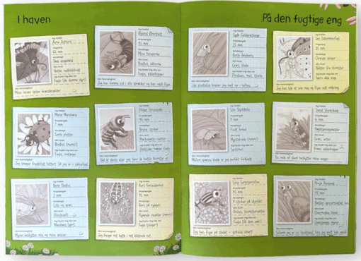 Opslag fra "Naturens verden – med klistermærker: Insekter og andre smådyr" med illustrationer af forskellige insekter og naturmiljøer.