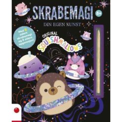 Forside af "Squishmallows skrabemagi" – kreativ aktivitetbog med skrabemotiver og opgaver for børn.