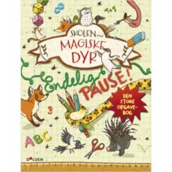 Forside af "Skolen med magiske dyr: Den store opgavebog" med illustrationer af de kendte figurer og opgavetyper.