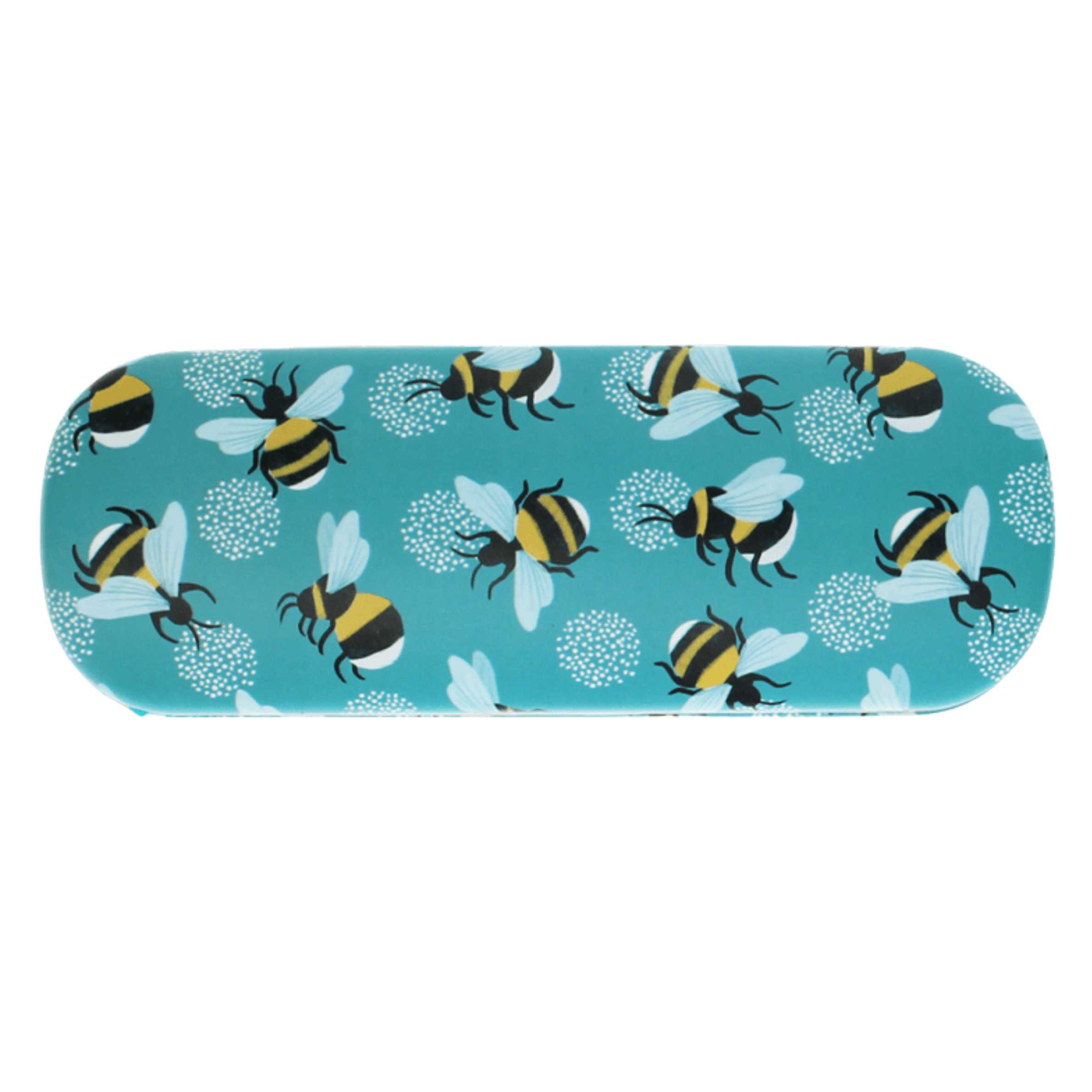 Blåt brilleetui med humblebier fra Rex London.