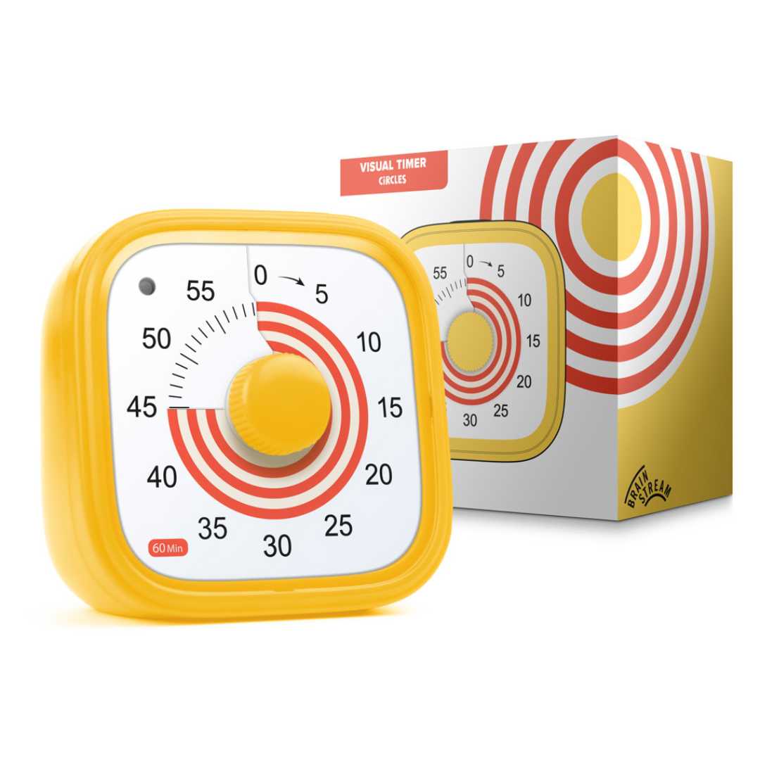 Gul Visuel timer til børn med cirkler. Fra Brain Stream.